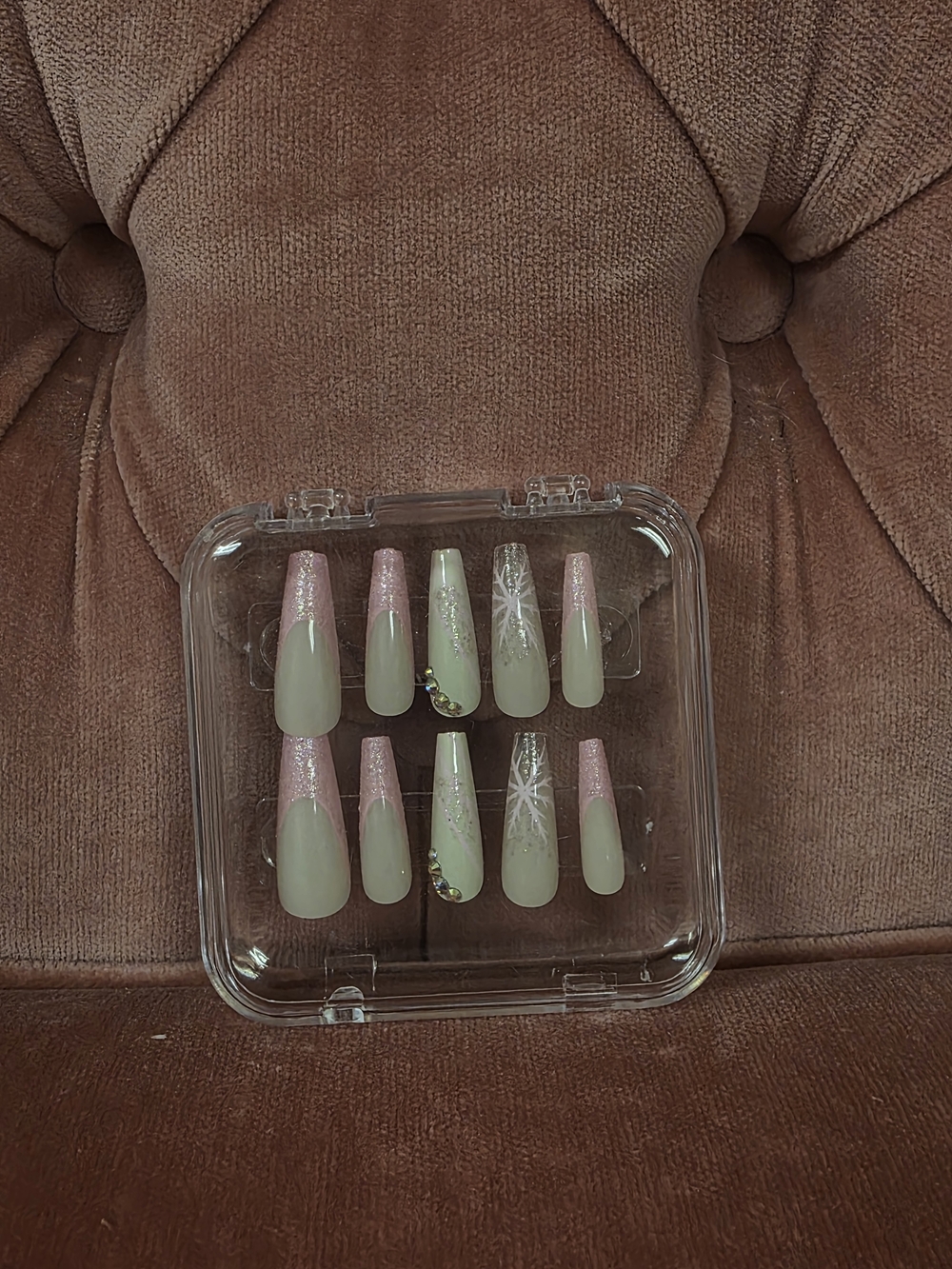 Pink and Cream Glitter French Press-On Nails with Accent Gems